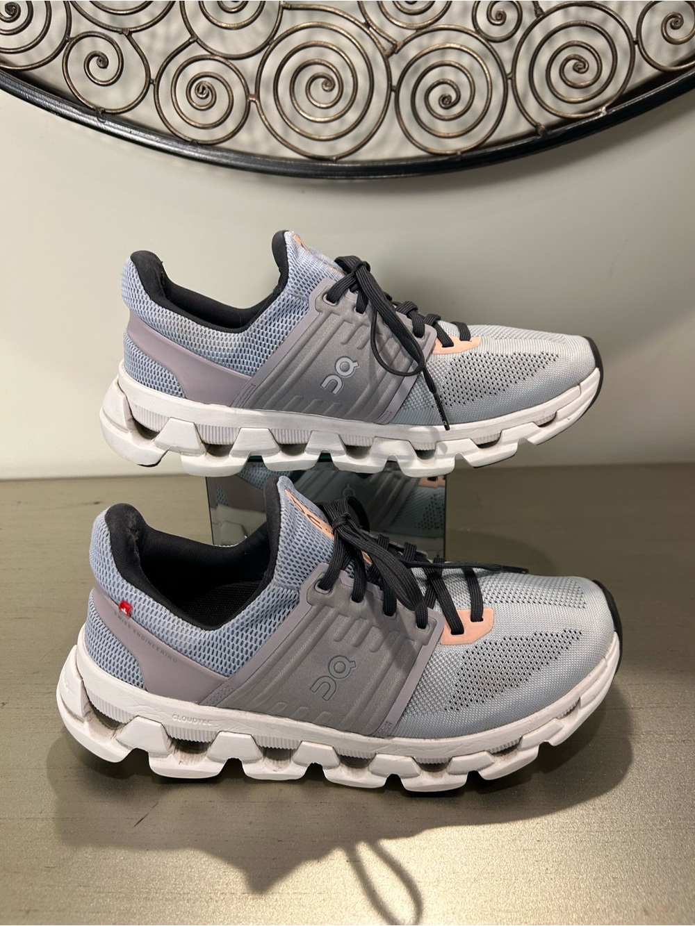 On Running women's Athletic Cloud Shoes in Light Grey with Blush Accents